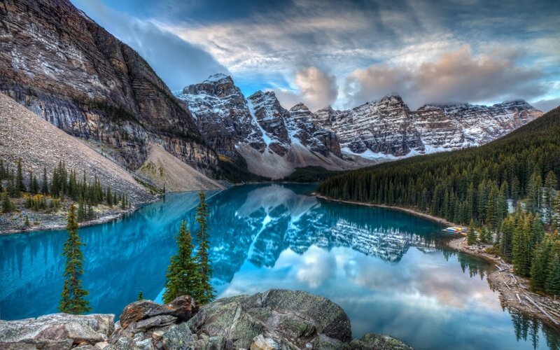 Mountain Lake Reflection — Blue, Dramatic, Sunset, Photograph, Mountains, Forest, Trees