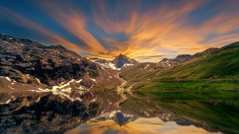 Mountain Lake Reflection — Blue, Dramatic, Sunset, Photograph, Mountains, Sky