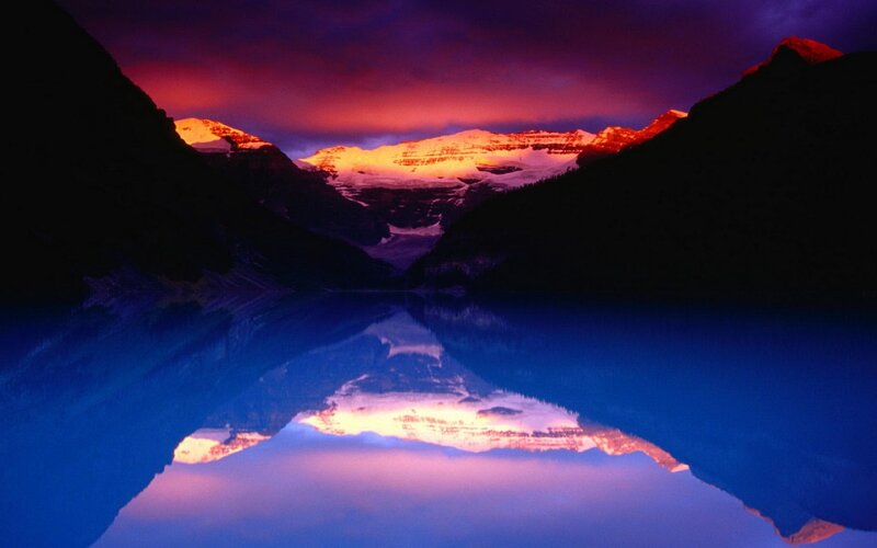 Mountain Lake Reflection — Blue, Dramatic, Sunset, Photograph, Mountains, Snow