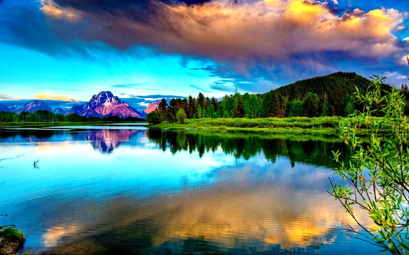 Mountain Lake Reflection — Blue, Dramatic, Sunset, Photograph, Mountains, Trees, Clouds