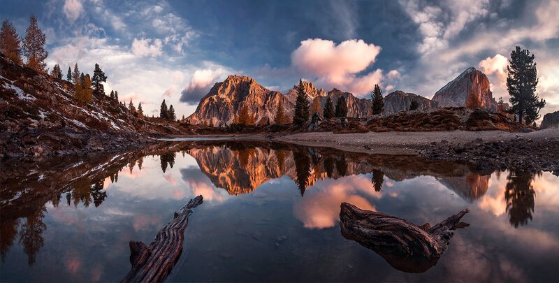 Mountain Lake Reflection — Blue, Dramatic, Sunset, Photograph, Mountains, Trees, Driftwood