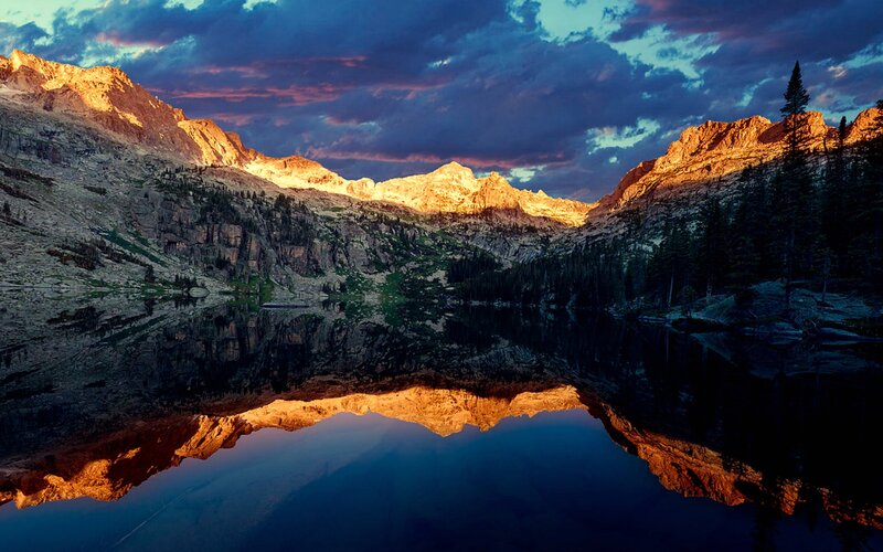 Mountain Lake Reflection — Blue, Dramatic, Sunset, Photograph, Mountains, Trees, Sky