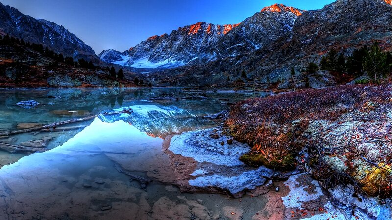 Mountain Lake Reflection — Blue, Dramatic, Sunset, Photograph, Mountains, Trees