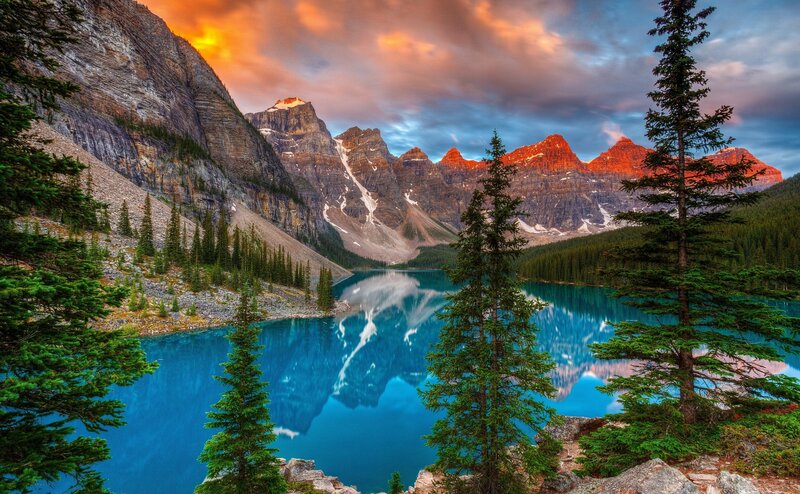 Mountain Lake Reflection — Blue, Dramatic, Sunset, Photograph, Pine Trees