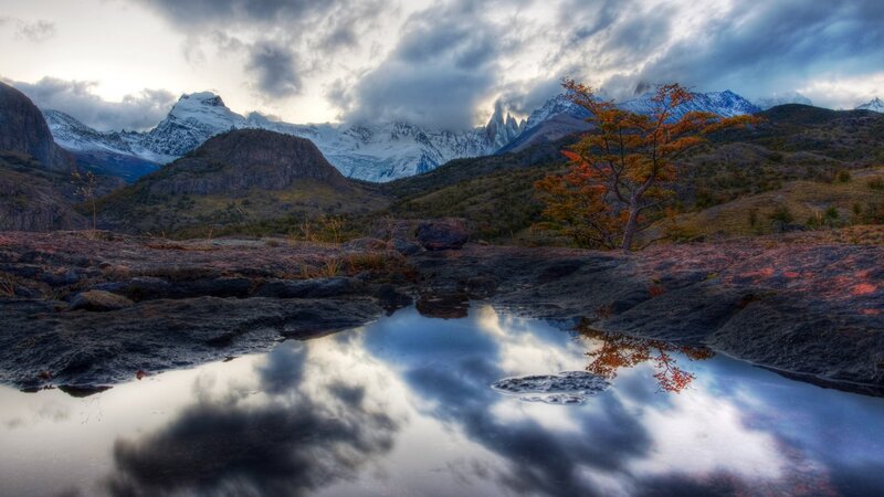 Mountain Lake Reflection — Blue, Dramatic, Sunset, Photograph, Snow-capped Mountains, Autumn Tree