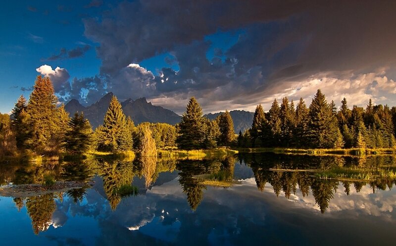 Mountain Lake Reflection — Blue, Dramatic, Sunset, Photograph, Trees