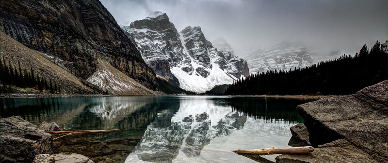Mountain Lake Reflection — Blue, Dramatic, Winter, Photograph, Mountains