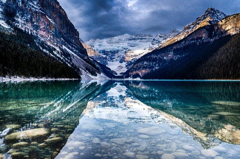 Mountain Lake Reflection — Blue, Dramatic, Winter, Photograph