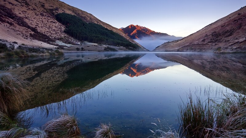 Mountain Lake Reflection — Blue, Fog