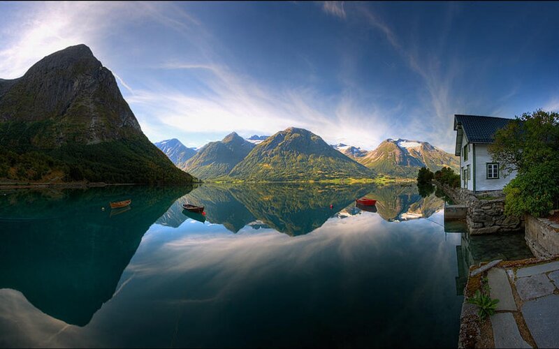 Mountain Lake Reflection — Blue, House