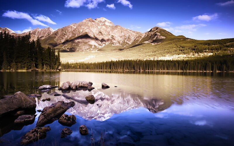 Mountain Lake Reflection — Blue, Rocks