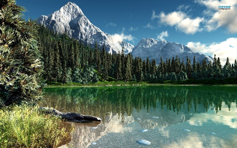 Mountain Lake Reflection — Blue, Serene, Afternoon, Digital Art