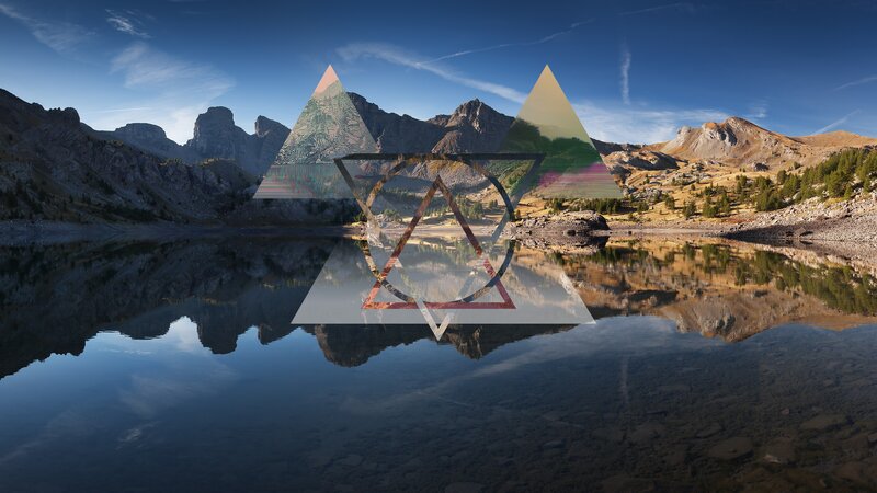 Mountain Lake Reflection — Blue, Serene, Afternoon, Digital Art, Triangles
