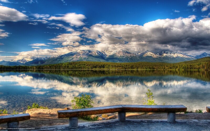 Mountain Lake Reflection — Blue, Serene, Afternoon, Photograph, Bench, Forest, Clouds