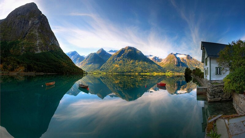 Mountain Lake Reflection — Blue, Serene, Afternoon, Photograph, Boat, House, Mountains, Green