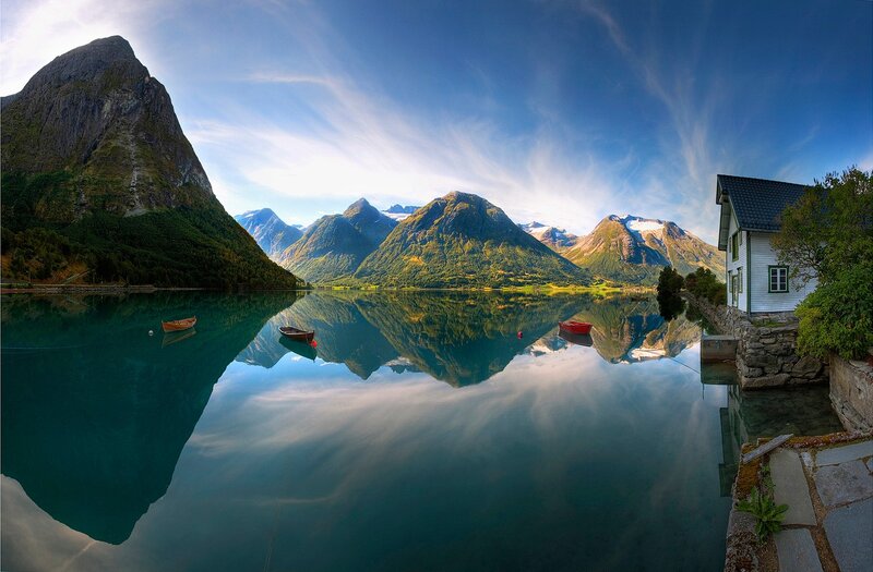 Mountain Lake Reflection — Blue, Serene, Afternoon, Photograph, Boat, House, Mountains