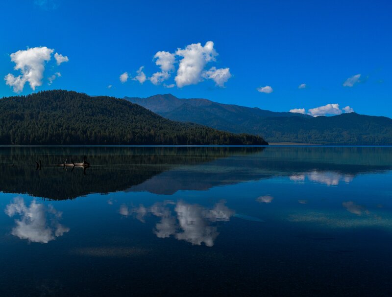 Mountain Lake Reflection — Blue, Serene, Afternoon, Photograph, Clouds, Forest