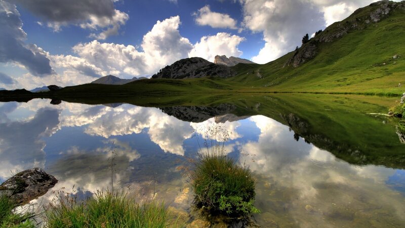 Mountain Lake Reflection — Blue, Serene, Afternoon, Photograph, Clouds, Mountains, Grass