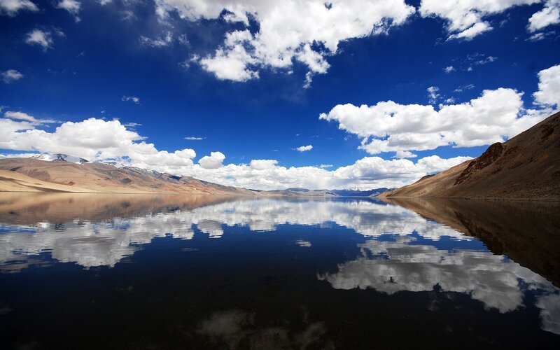 Mountain Lake Reflection — Blue, Serene, Afternoon, Photograph, Clouds, Mountains