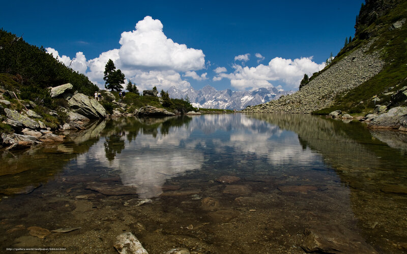 Mountain Lake Reflection — Blue, Serene, Afternoon, Photograph, Clouds, Mountains, Trees