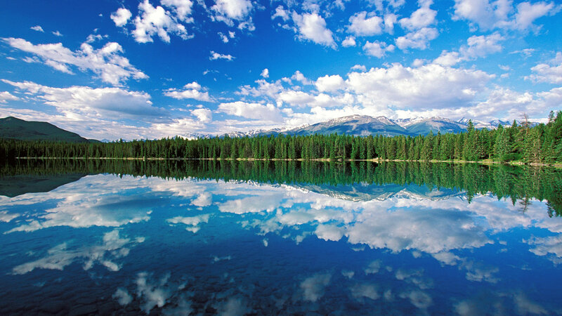 Mountain Lake Reflection — Blue, Serene, Afternoon, Photograph, Clouds