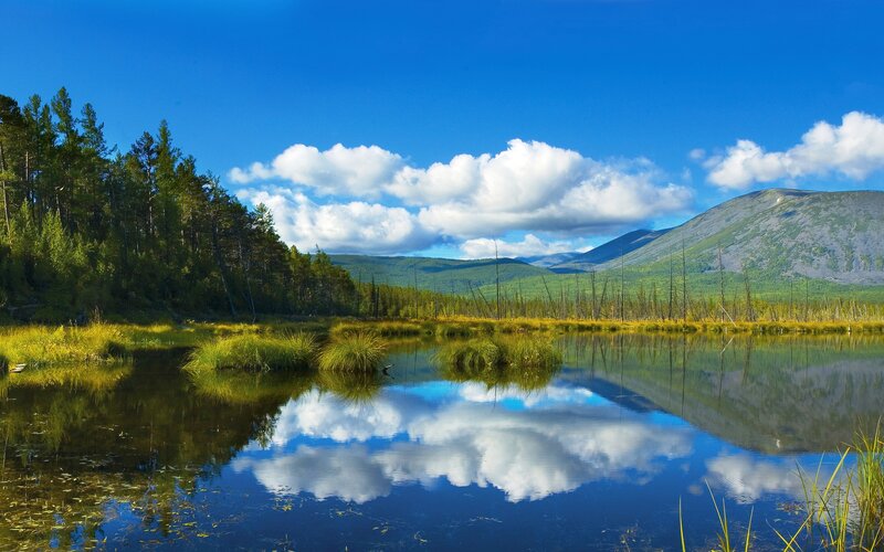 Mountain Lake Reflection — Blue, Serene, Afternoon, Photograph, Clouds, Trees, Mountains