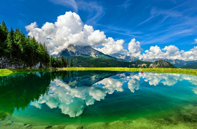 Mountain Lake Reflection — Blue, Serene, Afternoon, Photograph, Clouds, Trees