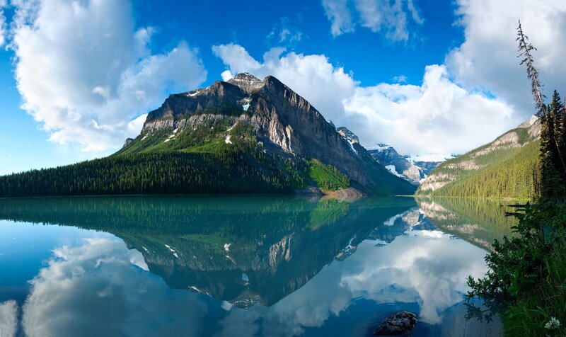 Mountain Lake Reflection — Blue, Serene, Afternoon, Photograph, Forest, Clouds, Green, White