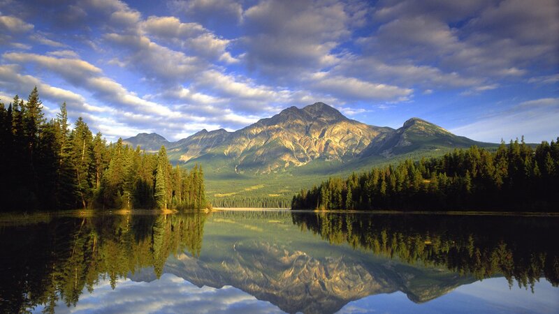 Mountain Lake Reflection — Blue, Serene, Afternoon, Photograph, Forest, Clouds, Mountains, Green, Brown