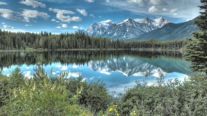 Mountain Lake Reflection — Blue, Serene, Afternoon, Photograph, Forest, Clouds