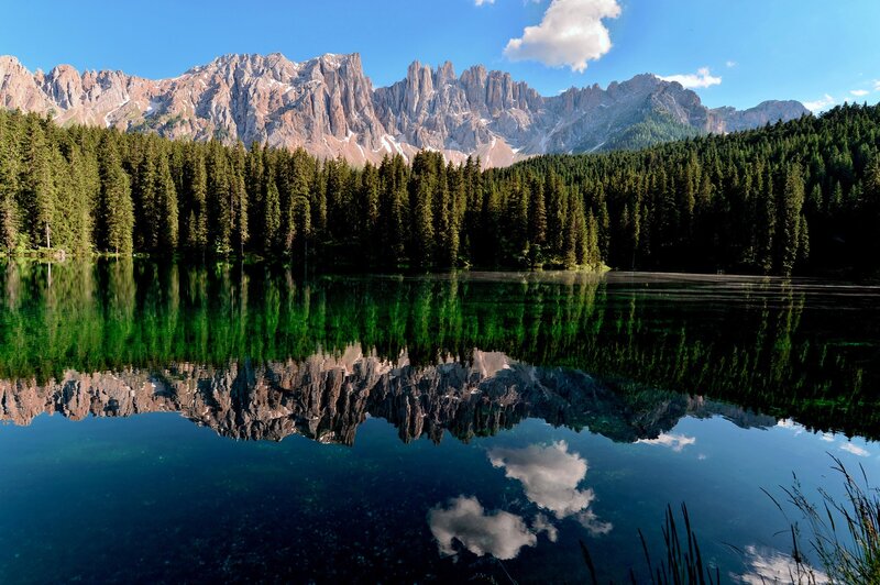 Mountain Lake Reflection — Blue, Serene, Afternoon, Photograph, Forest, Clouds, Trees