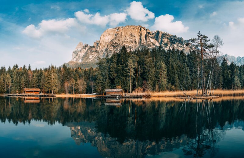 Mountain Lake Reflection — Blue, Serene, Afternoon, Photograph, Forest, Huts