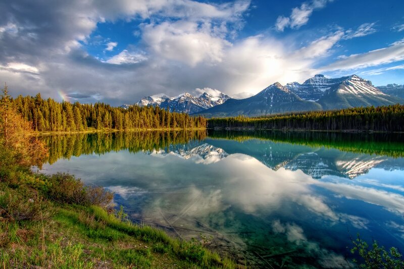 Mountain Lake Reflection — Blue, Serene, Afternoon, Photograph, Forest, Rainbow, Clouds, Snow-capped Mountains, Green, White