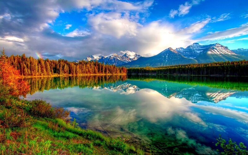 Mountain Lake Reflection — Blue, Serene, Afternoon, Photograph, Forest, Rainbow, Clouds