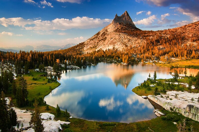 Mountain Lake Reflection — Blue, Serene, Afternoon, Photograph, Forest, Sky, Clouds