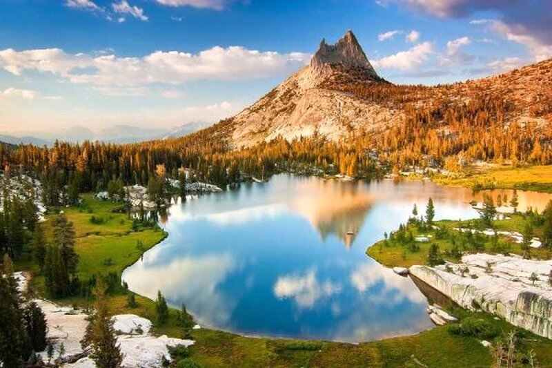 Mountain Lake Reflection — Blue, Serene, Afternoon, Photograph, Forest, Sky