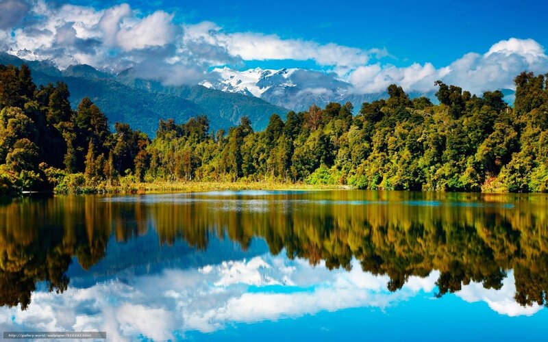 Mountain Lake Reflection — Blue, Serene, Afternoon, Photograph, Forest, Snow-capped Mountains, Clouds