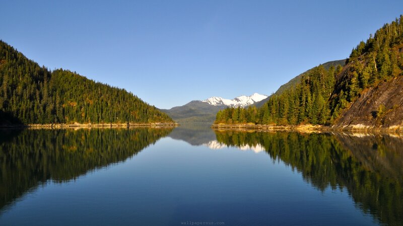 Mountain Lake Reflection — Blue, Serene, Afternoon, Photograph, Forest, Snow-capped Mountains, River