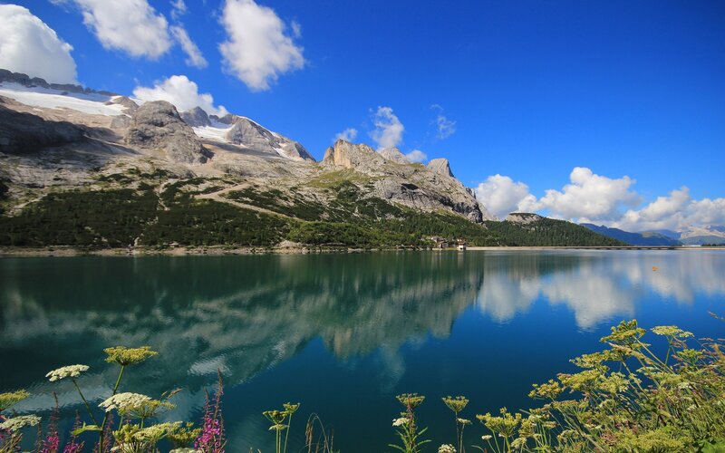 Mountain Lake Reflection — Blue, Serene, Afternoon, Photograph, Mountains, Clouds, Flowers, Green, White
