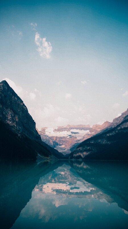 Mountain Lake Reflection — Blue, Serene, Afternoon, Photograph, Mountains, Clouds, Forest