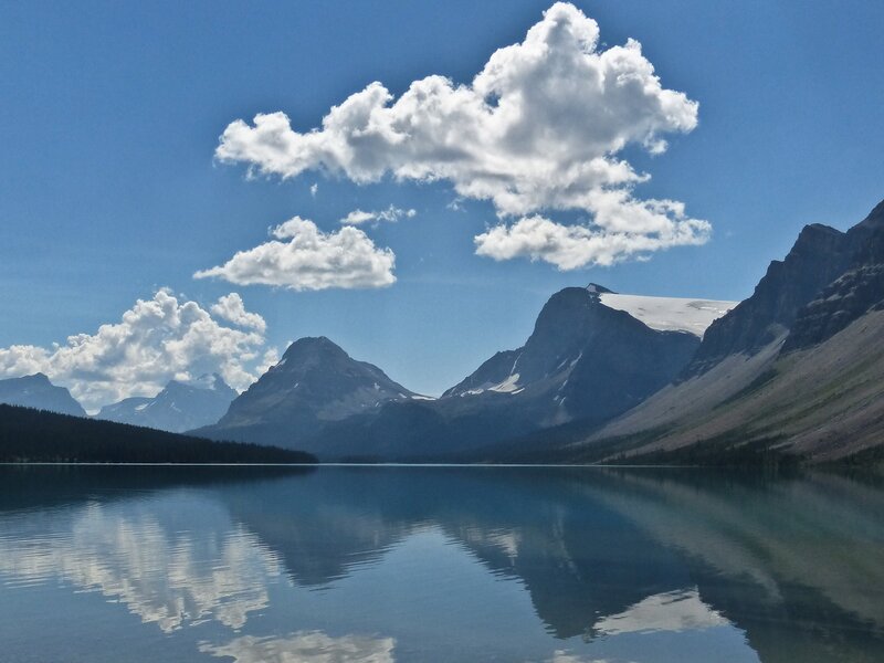 Mountain Lake Reflection — Blue, Serene, Afternoon, Photograph, Mountains, Clouds, Forest, White