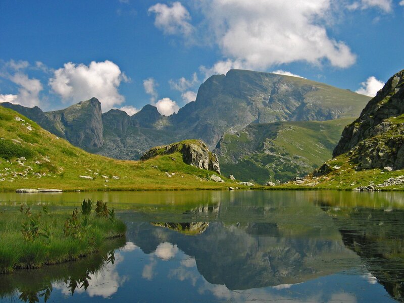 Mountain Lake Reflection — Blue, Serene, Afternoon, Photograph, Mountains, Clouds, Grass