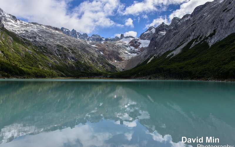 Mountain Lake Reflection — Blue, Serene, Afternoon, Photograph, Mountains, Clouds, Green