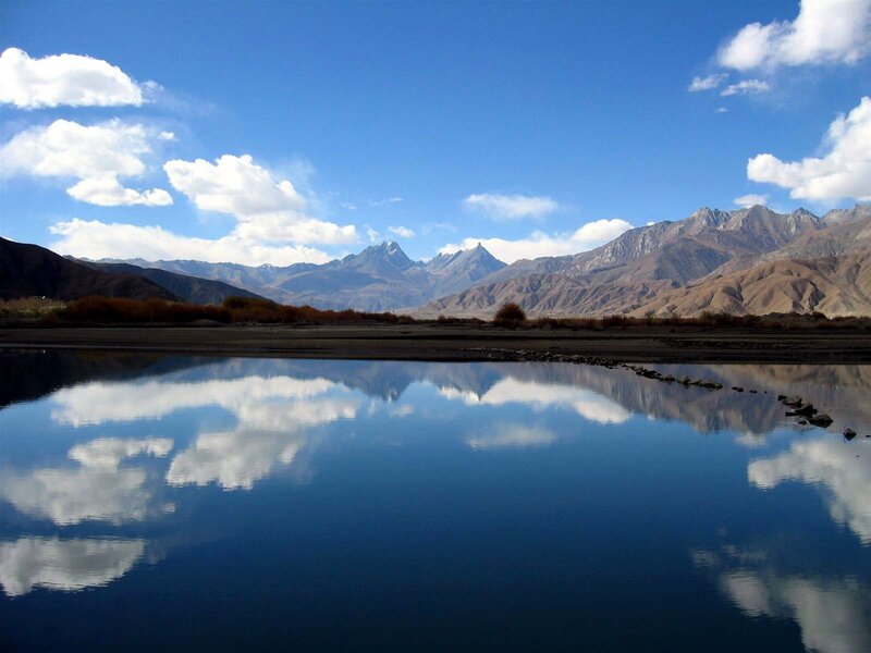Mountain Lake Reflection — Blue, Serene, Afternoon, Photograph, Mountains, Clouds, River