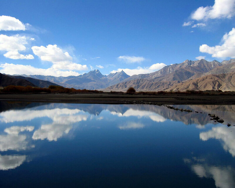 Mountain Lake Reflection — Blue, Serene, Afternoon, Photograph, Mountains, Clouds, River, White