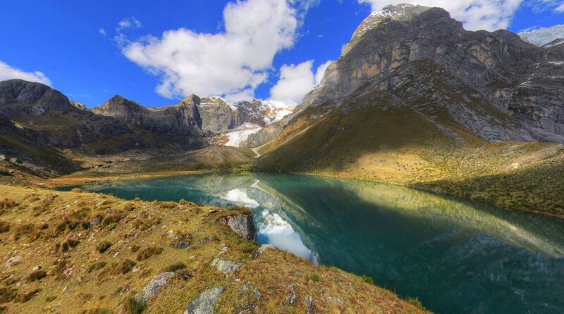 Mountain Lake Reflection — Blue, Serene, Afternoon, Photograph, Mountains, Clouds, Snow