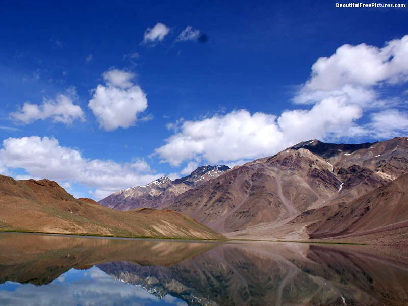 Mountain Lake Reflection — Blue, Serene, Afternoon, Photograph, Mountains, Clouds