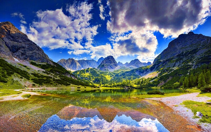 Mountain Lake Reflection — Blue, Serene, Afternoon, Photograph, Mountains, Clouds, Trees, Path