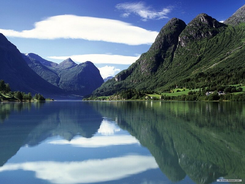 Mountain Lake Reflection — Blue, Serene, Afternoon, Photograph, Mountains, Clouds, Trees