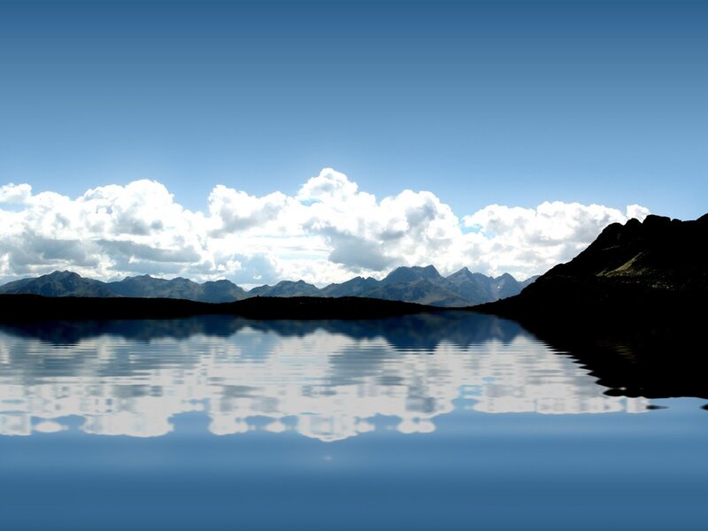 Mountain Lake Reflection — Blue, Serene, Afternoon, Photograph, Mountains, Clouds, Water, White